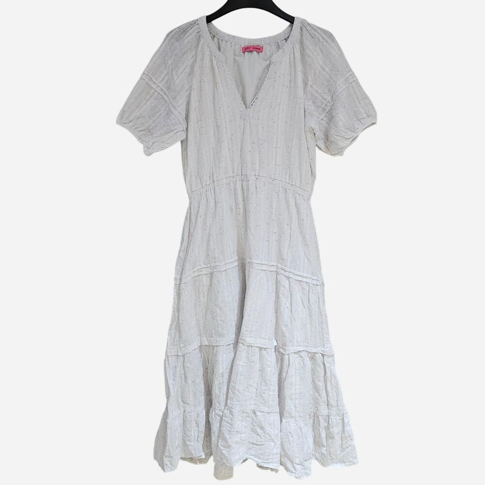cottagecore boho white rainbow confetti Betsey Johnson tiered maxi dress
